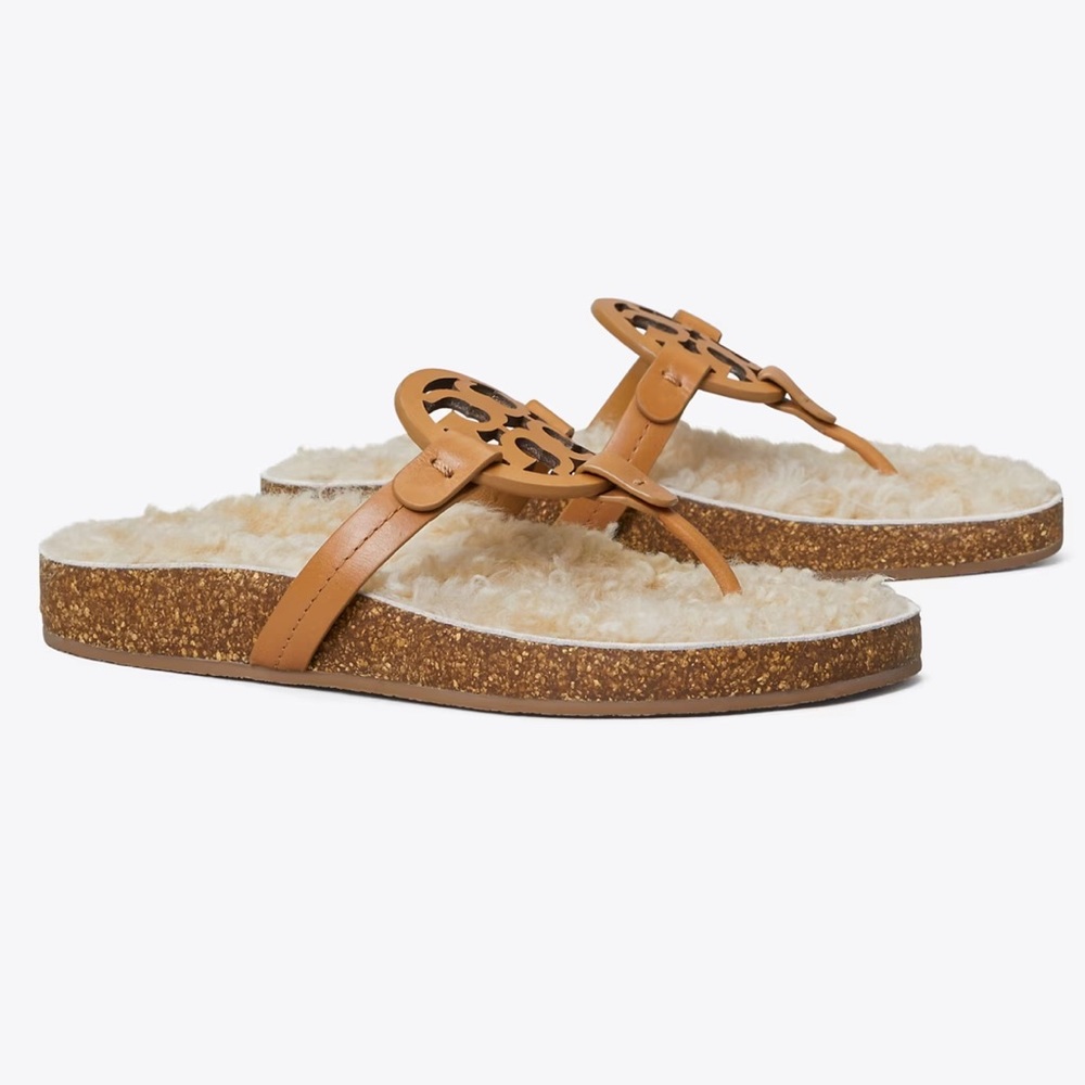 Tory Burch Miller Cloud Shearling Thong Sandals Caramel Corn/ Buttermilk 8